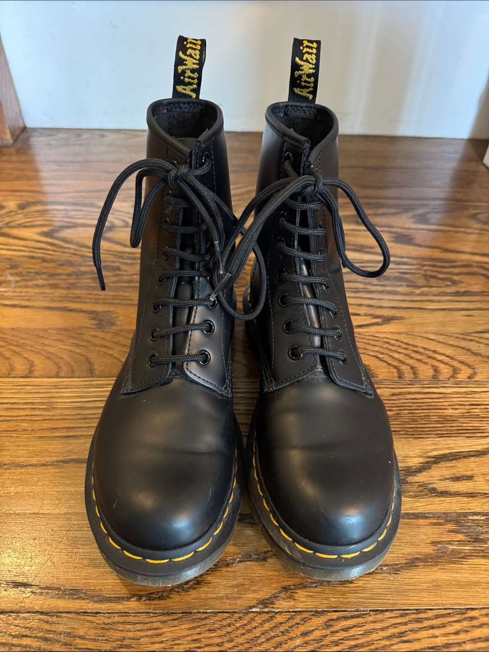 Dr. Martens Black Leather 8-Eye Lace Boots with Yellow Stitching